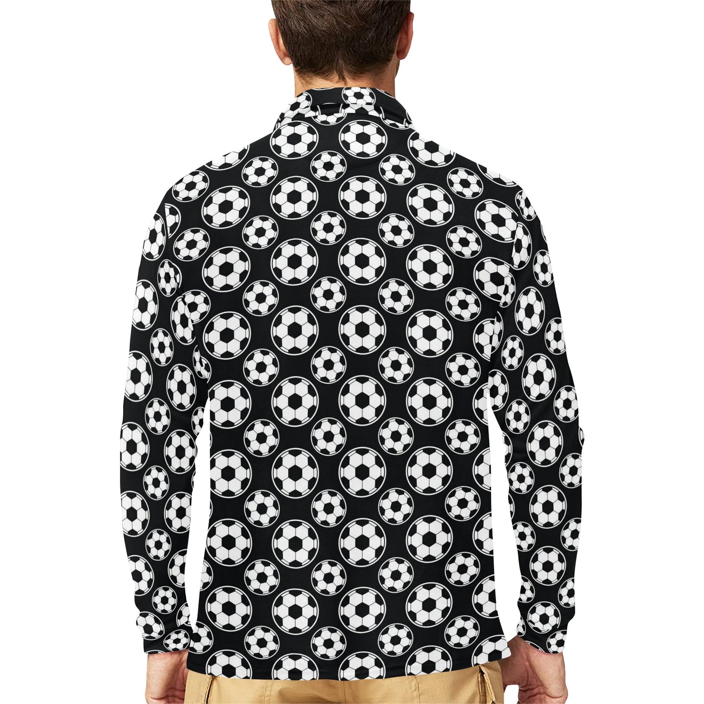 Soccer Ball Black Print Pattern Long Sleeve Polo Shirt For Men's