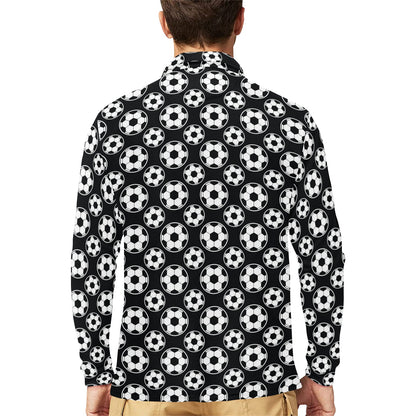 Soccer Ball Black Print Pattern Long Sleeve Polo Shirt For Men's