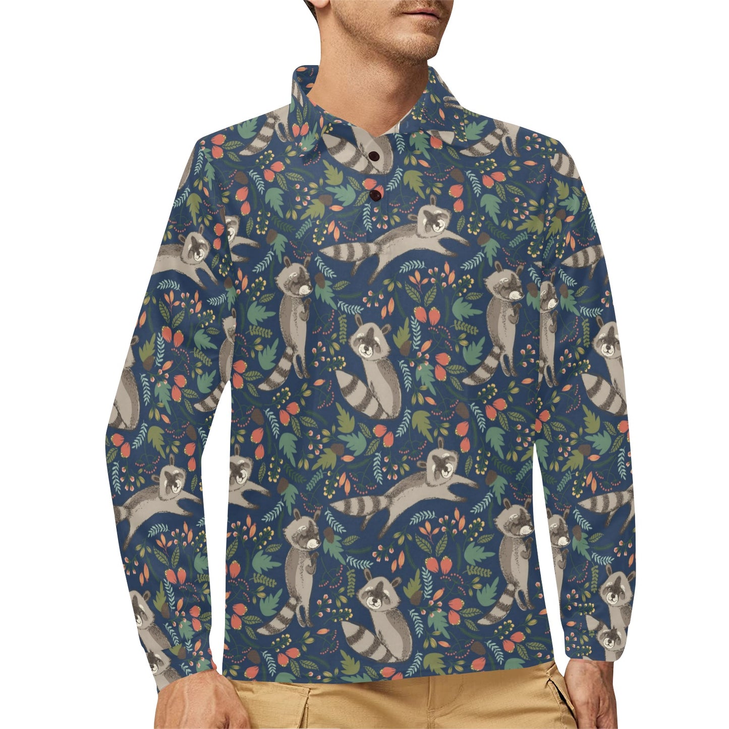 Raccoon Pattern Print Design A02 Long Sleeve Polo Shirt For Men's