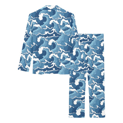 Wave Themed Pattern Print Women's Long Pajama Set