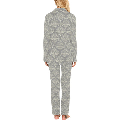 Damask Grey Elegant Print Pattern Women's Long Pajama Set