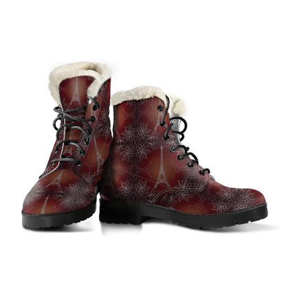 Eiffel Tower Drawing Print Faux Fur Leather Boots-JTAMIGO.COM
