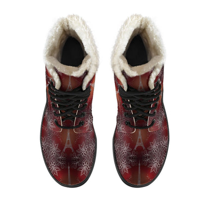 Eiffel Tower Drawing Print Faux Fur Leather Boots-JTAMIGO.COM