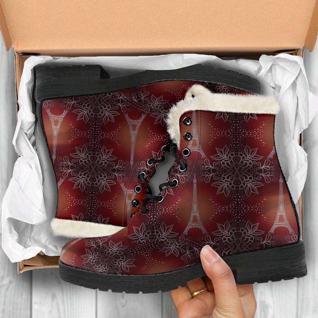 Eiffel Tower Drawing Print Faux Fur Leather Boots-JTAMIGO.COM
