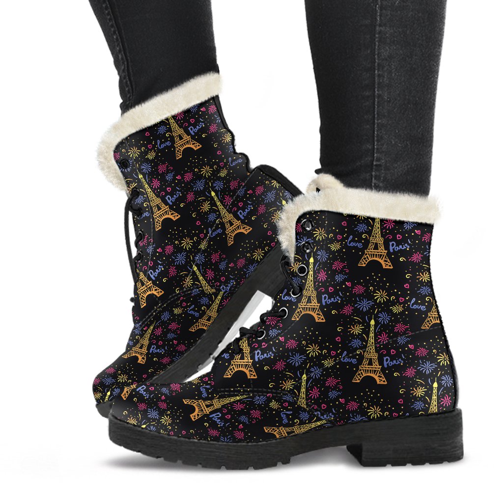 Eiffel Tower Love Paris Print Faux Fur Leather Boots-JTAMIGO.COM