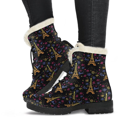 Eiffel Tower Love Paris Print Faux Fur Leather Boots-JTAMIGO.COM