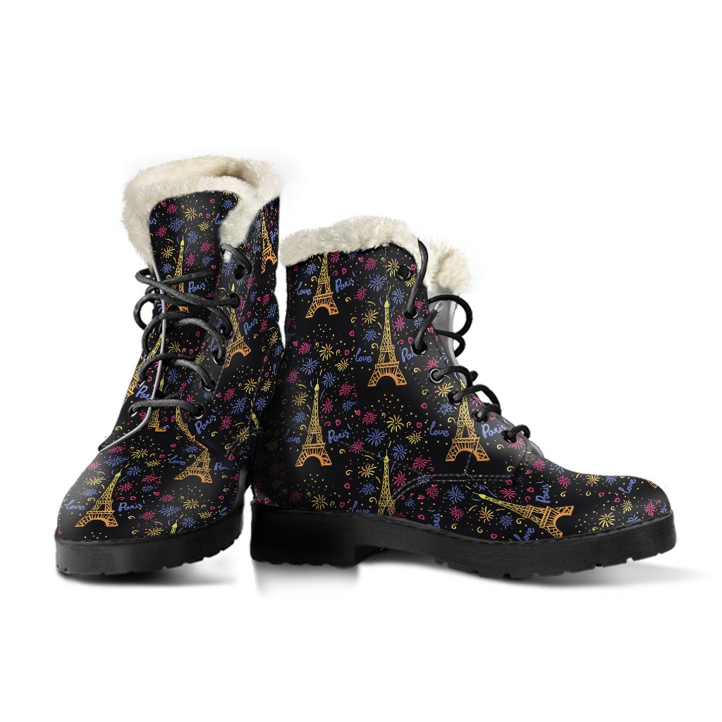 Eiffel Tower Love Paris Print Faux Fur Leather Boots-JTAMIGO.COM
