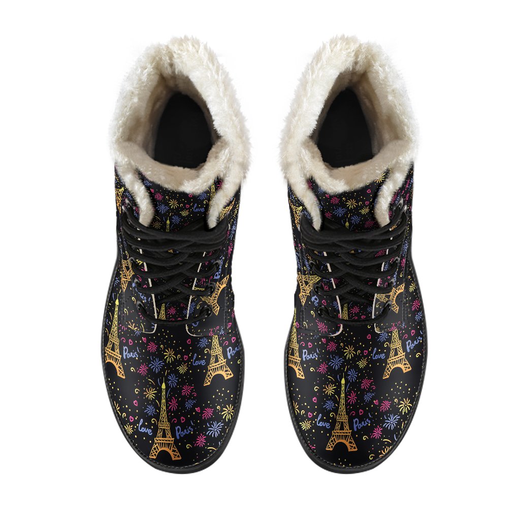Eiffel Tower Love Paris Print Faux Fur Leather Boots-JTAMIGO.COM