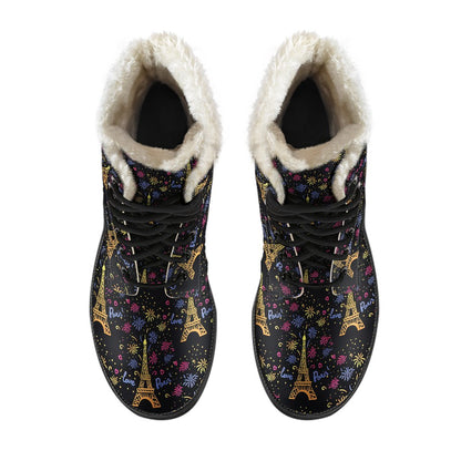 Eiffel Tower Love Paris Print Faux Fur Leather Boots-JTAMIGO.COM