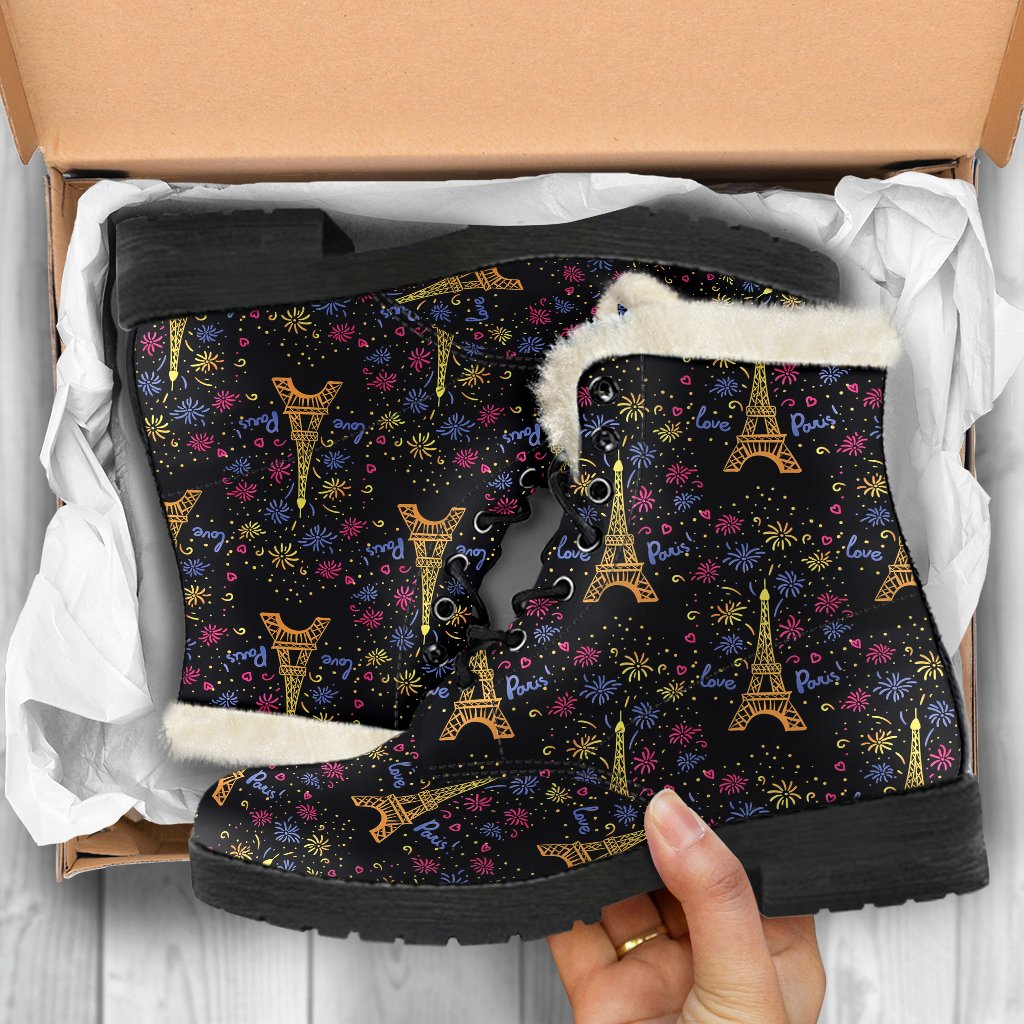 Eiffel Tower Love Paris Print Faux Fur Leather Boots-JTAMIGO.COM