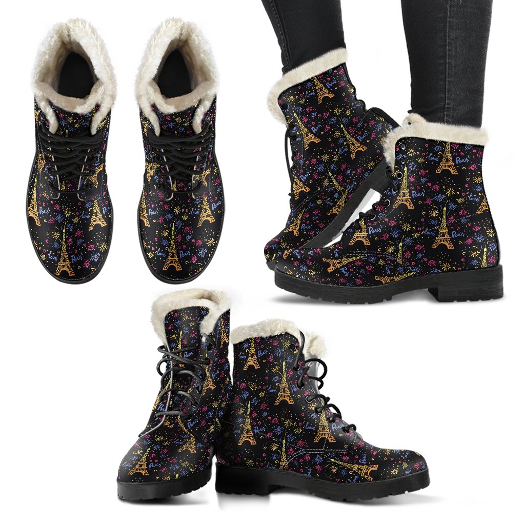 Eiffel Tower Love Paris Print Faux Fur Leather Boots-JTAMIGO.COM