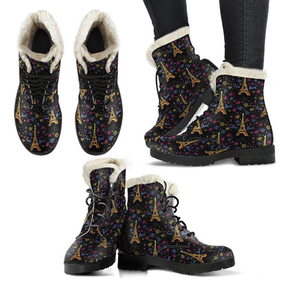 Eiffel Tower Love Paris Print Faux Fur Leather Boots-JTAMIGO.COM
