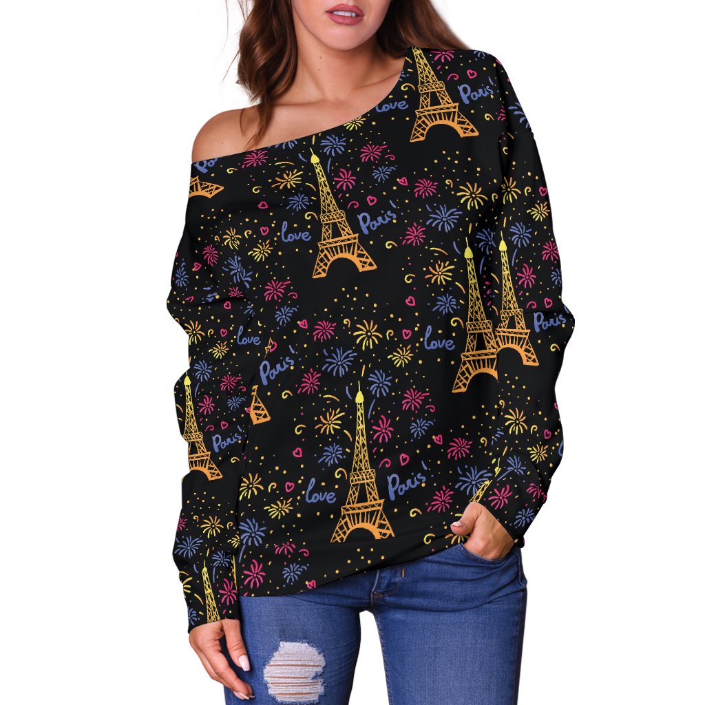 Eiffel Tower Love Paris Print Off Shoulder Sweatshirt