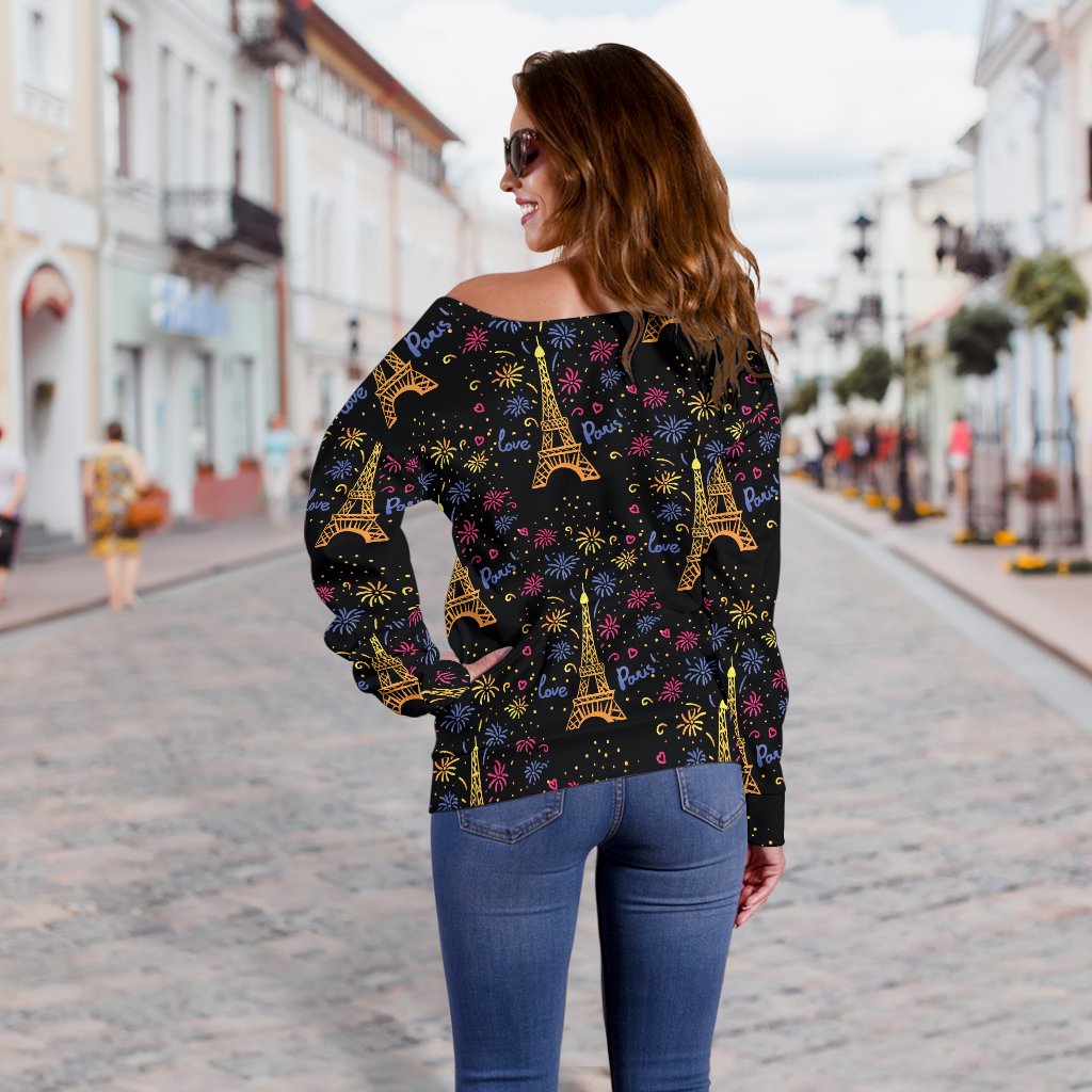 Eiffel Tower Love Paris Print Off Shoulder Sweatshirt