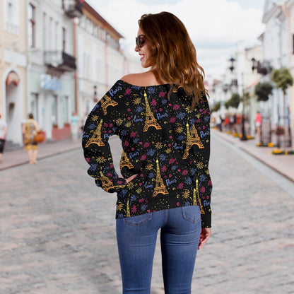 Eiffel Tower Love Paris Print Off Shoulder Sweatshirt