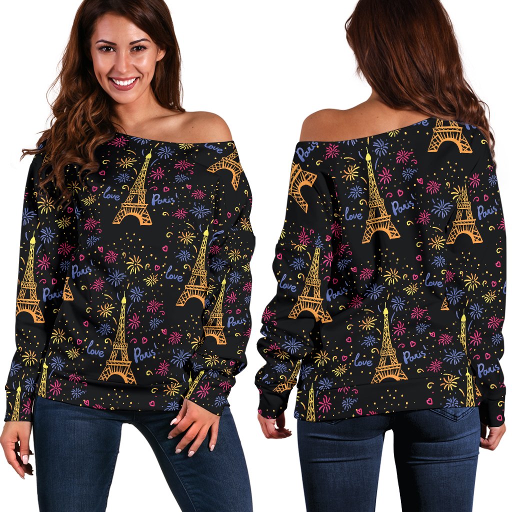 Eiffel Tower Love Paris Print Off Shoulder Sweatshirt