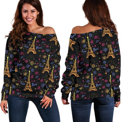 Eiffel Tower Love Paris Print Off Shoulder Sweatshirt