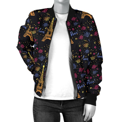 Eiffel Tower Love Paris Print Women Casual Bomber Jacket