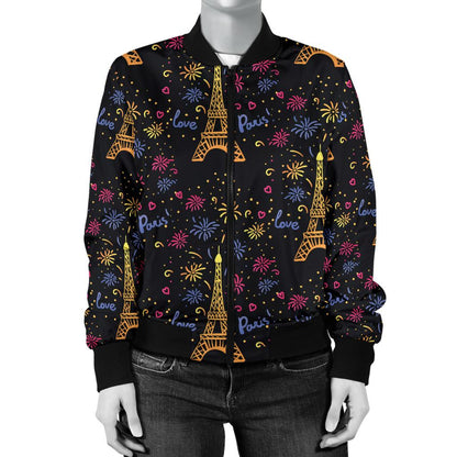 Eiffel Tower Love Paris Print Women Casual Bomber Jacket