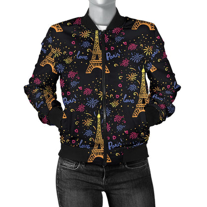 Eiffel Tower Love Paris Print Women Casual Bomber Jacket