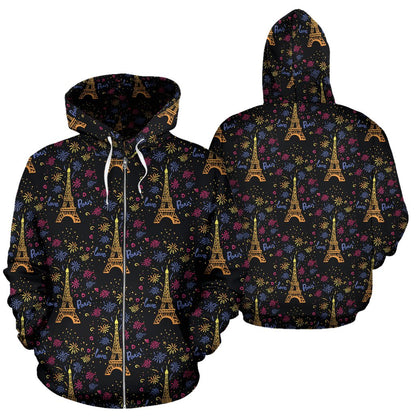 Eiffel Tower Love Paris Print Zip Up Hoodie