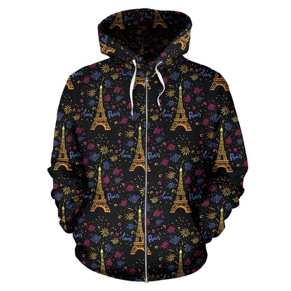 Eiffel Tower Love Paris Print Zip Up Hoodie