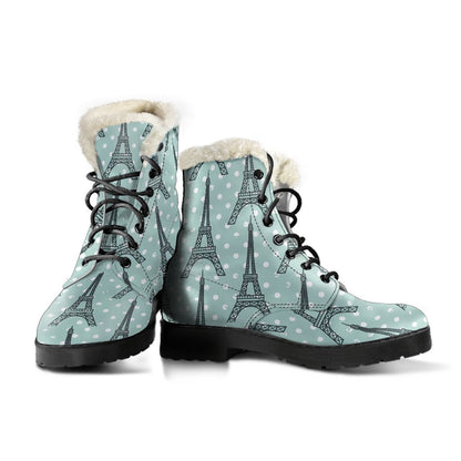 Eiffel Tower Polka Dot Print Faux Fur Leather Boots-JTAMIGO.COM
