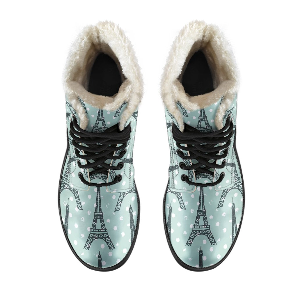 Eiffel Tower Polka Dot Print Faux Fur Leather Boots-JTAMIGO.COM