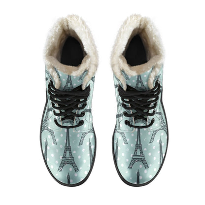 Eiffel Tower Polka Dot Print Faux Fur Leather Boots-JTAMIGO.COM