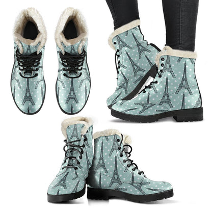 Eiffel Tower Polka Dot Print Faux Fur Leather Boots-JTAMIGO.COM