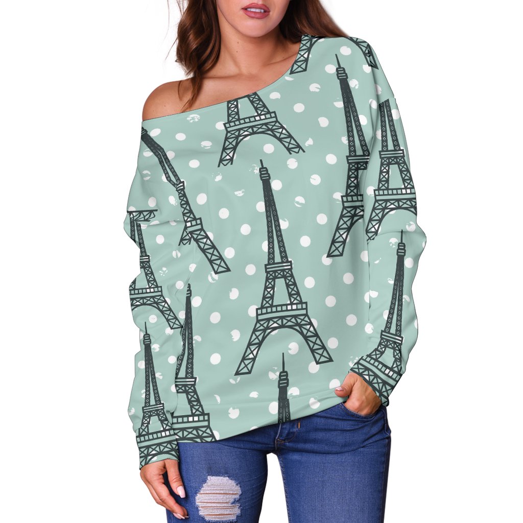 Eiffel Tower Polka Dot Print Off Shoulder Sweatshirt