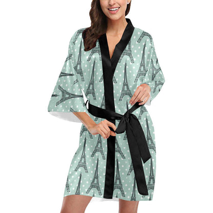 Eiffel Tower Polka Dot Print Women Short Kimono Robe