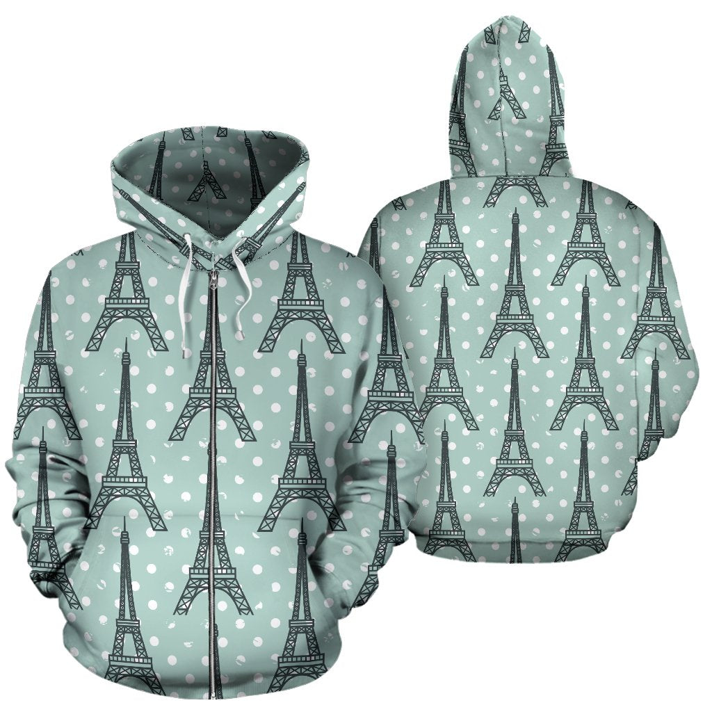 Eiffel Tower Polka Dot Print Zip Up Hoodie