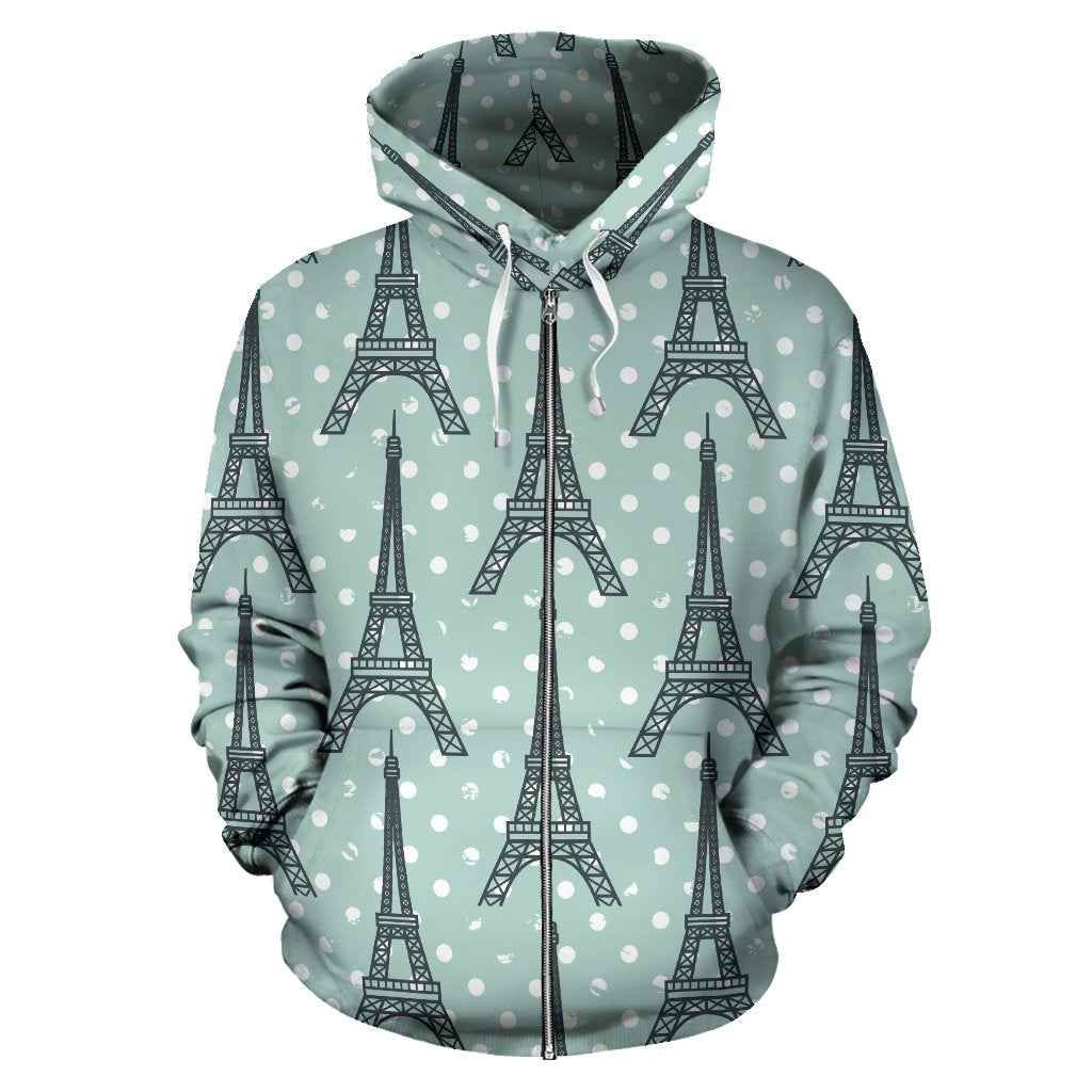 Eiffel Tower Polka Dot Print Zip Up Hoodie