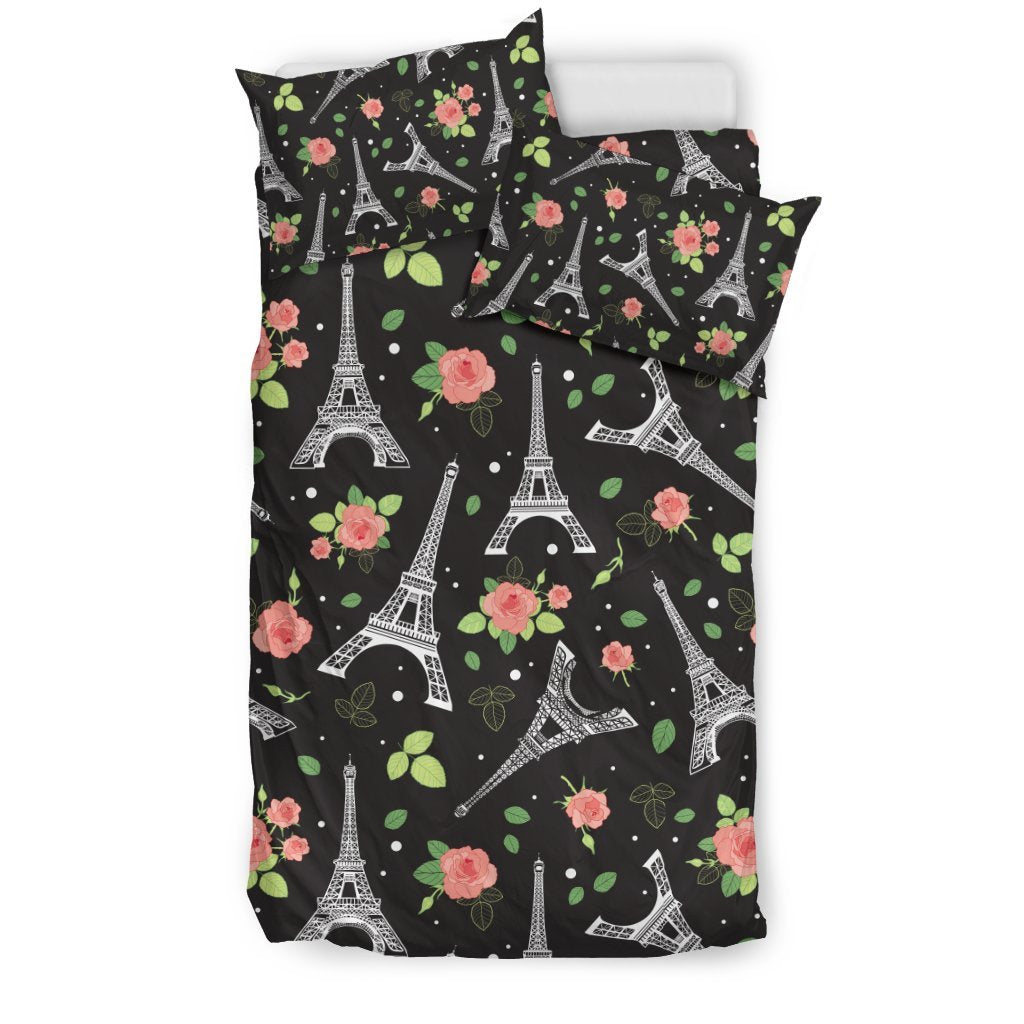 Eiffel Tower Rose Print Duvet Cover Bedding Set