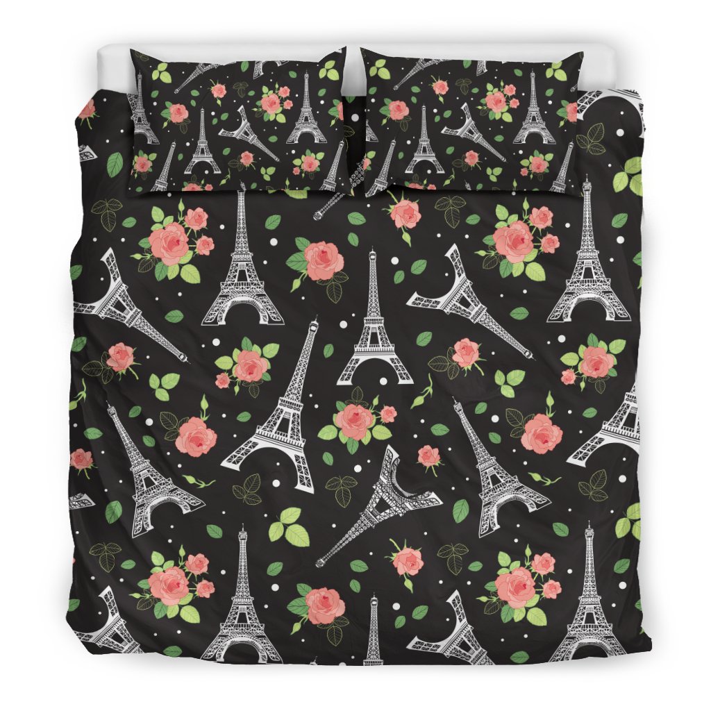 Eiffel Tower Rose Print Duvet Cover Bedding Set