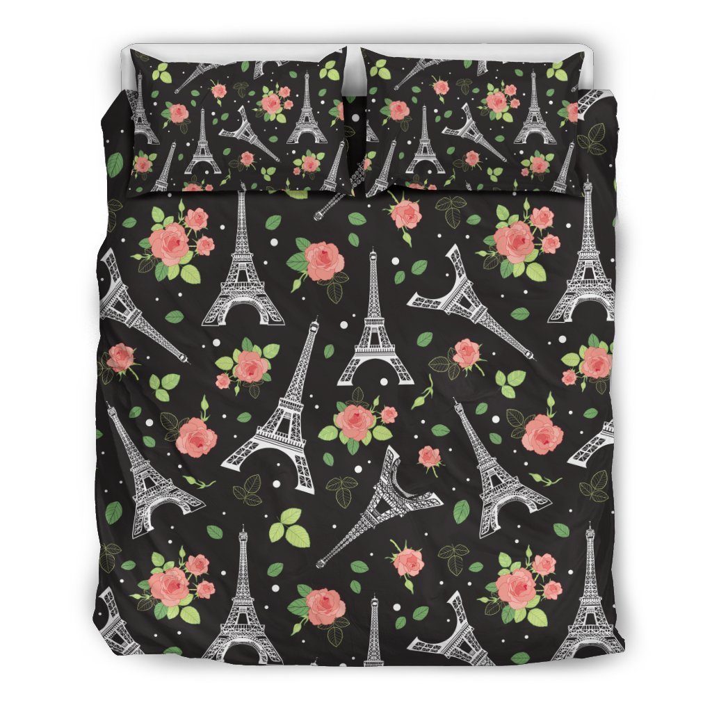 Eiffel Tower Rose Print Duvet Cover Bedding Set