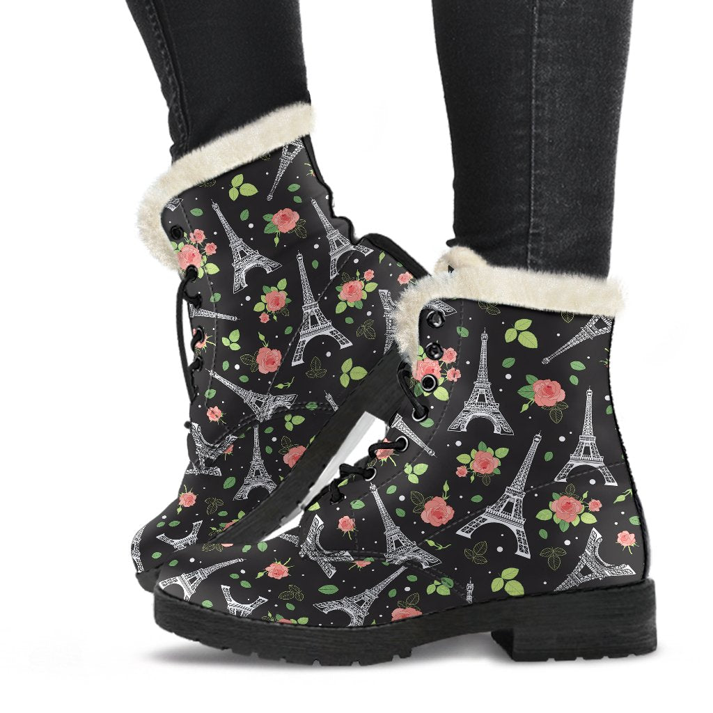 Eiffel Tower Rose Print Faux Fur Leather Boots-JTAMIGO.COM