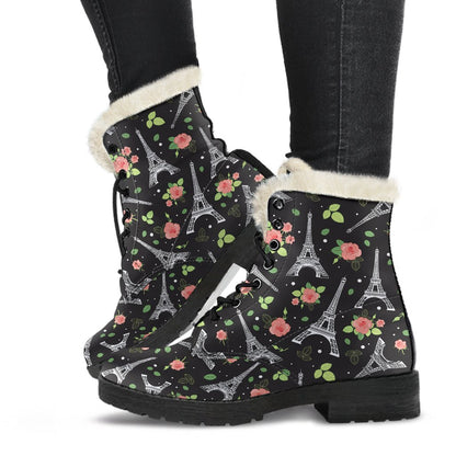 Eiffel Tower Rose Print Faux Fur Leather Boots-JTAMIGO.COM