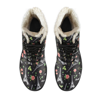 Eiffel Tower Rose Print Faux Fur Leather Boots-JTAMIGO.COM