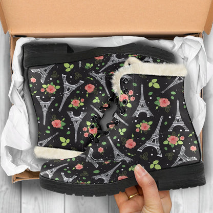 Eiffel Tower Rose Print Faux Fur Leather Boots-JTAMIGO.COM