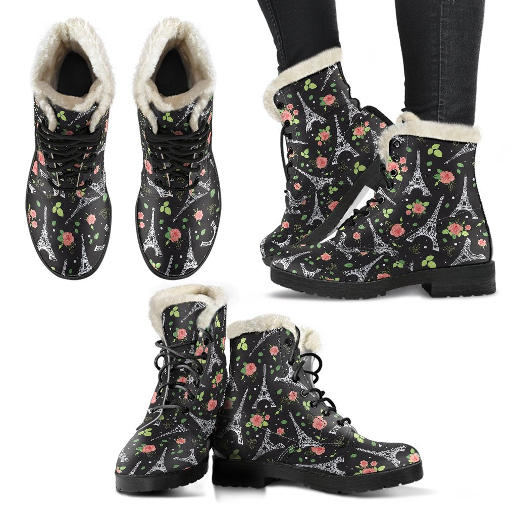 Eiffel Tower Rose Print Faux Fur Leather Boots-JTAMIGO.COM