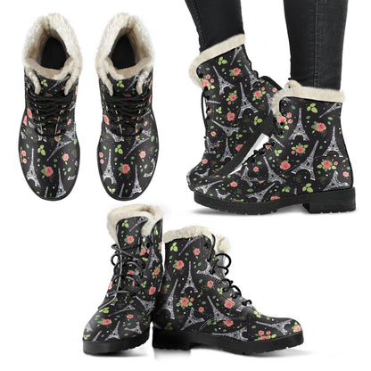 Eiffel Tower Rose Print Faux Fur Leather Boots-JTAMIGO.COM
