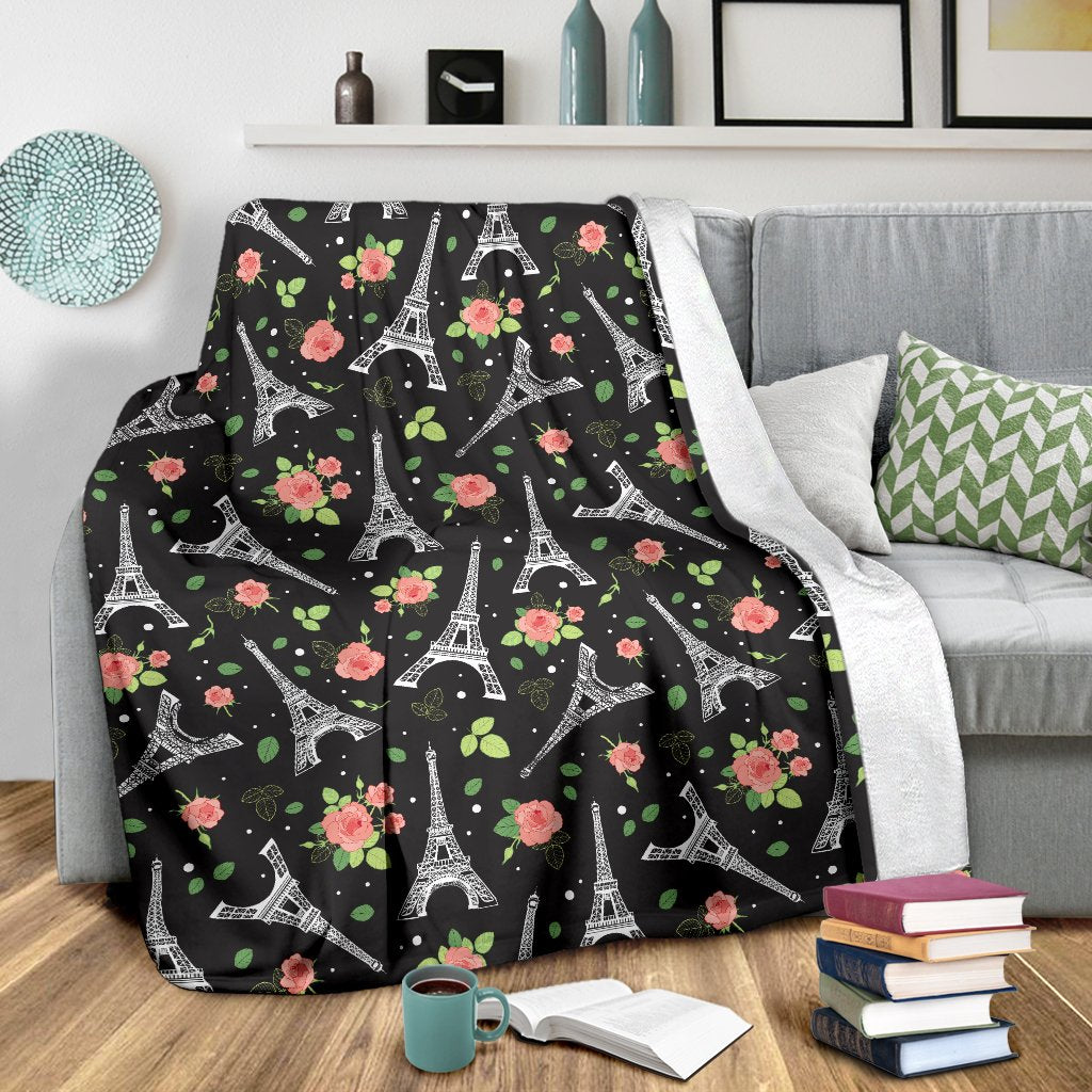 Eiffel Tower Rose Print Fleece Blanket