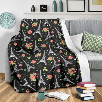 Eiffel Tower Rose Print Fleece Blanket