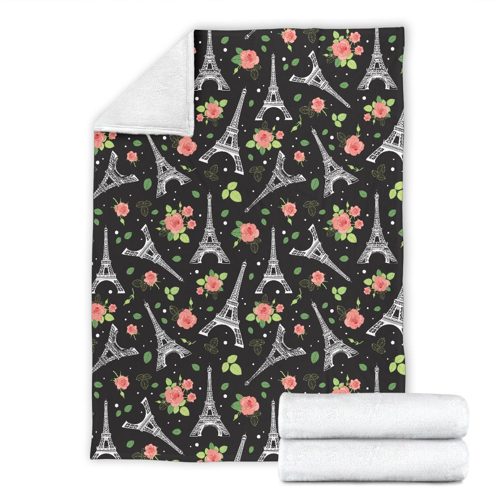 Eiffel Tower Rose Print Fleece Blanket