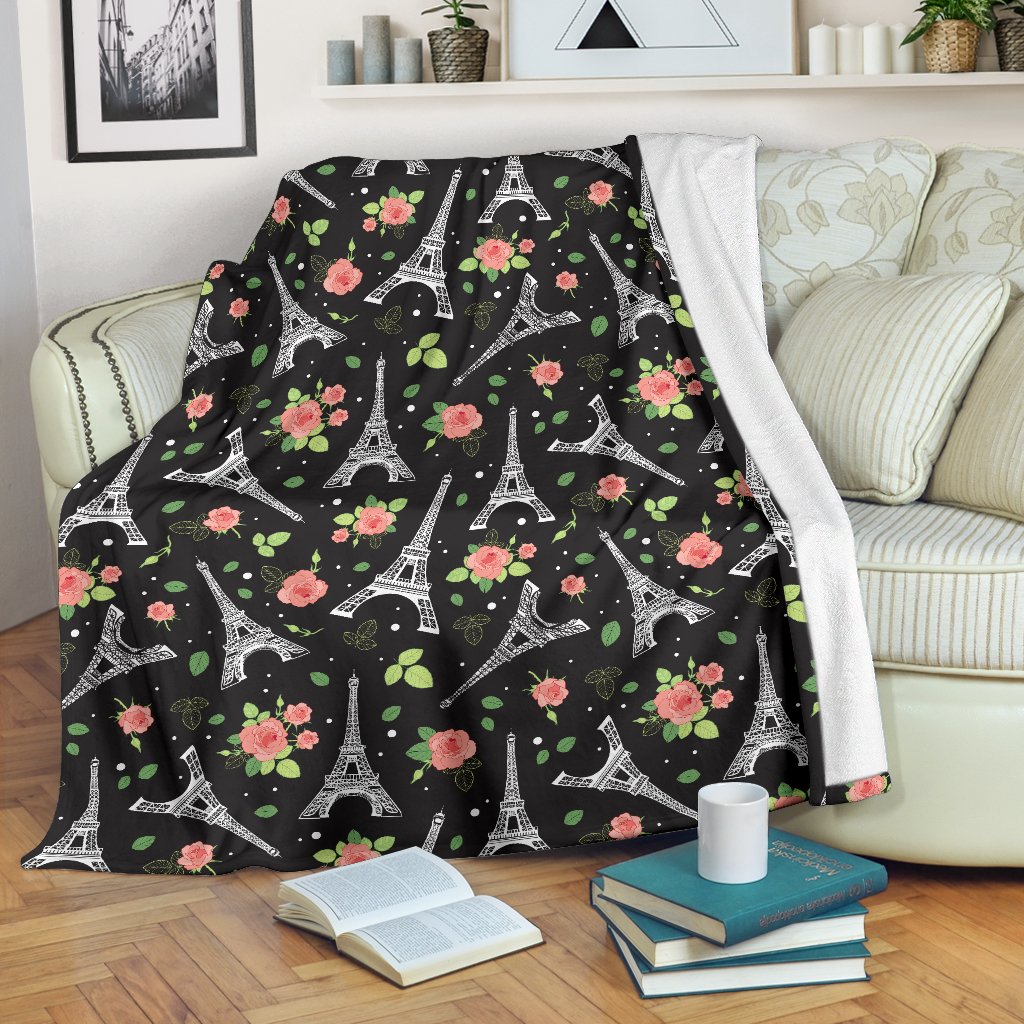 Eiffel Tower Rose Print Fleece Blanket