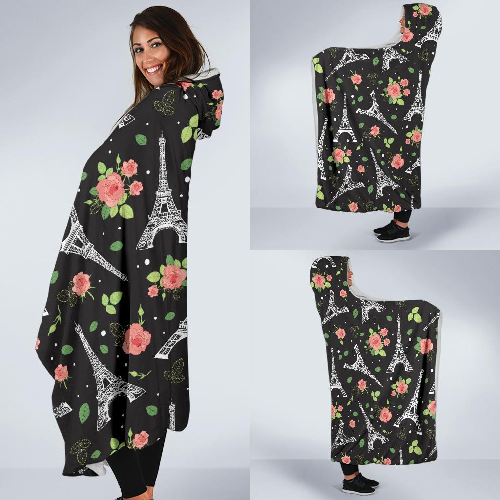 Eiffel Tower Rose Print Hooded Blanket-JTAMIGO.COM