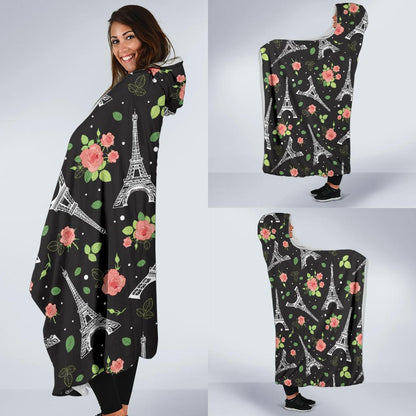 Eiffel Tower Rose Print Hooded Blanket-JTAMIGO.COM