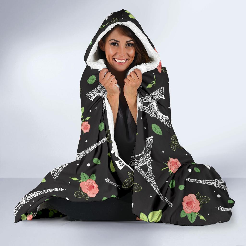 Eiffel Tower Rose Print Hooded Blanket-JTAMIGO.COM